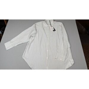 Lilysilk Womens XXL White Navy Blue Pinstripe Silk Button Down Shirt Long Sleeve